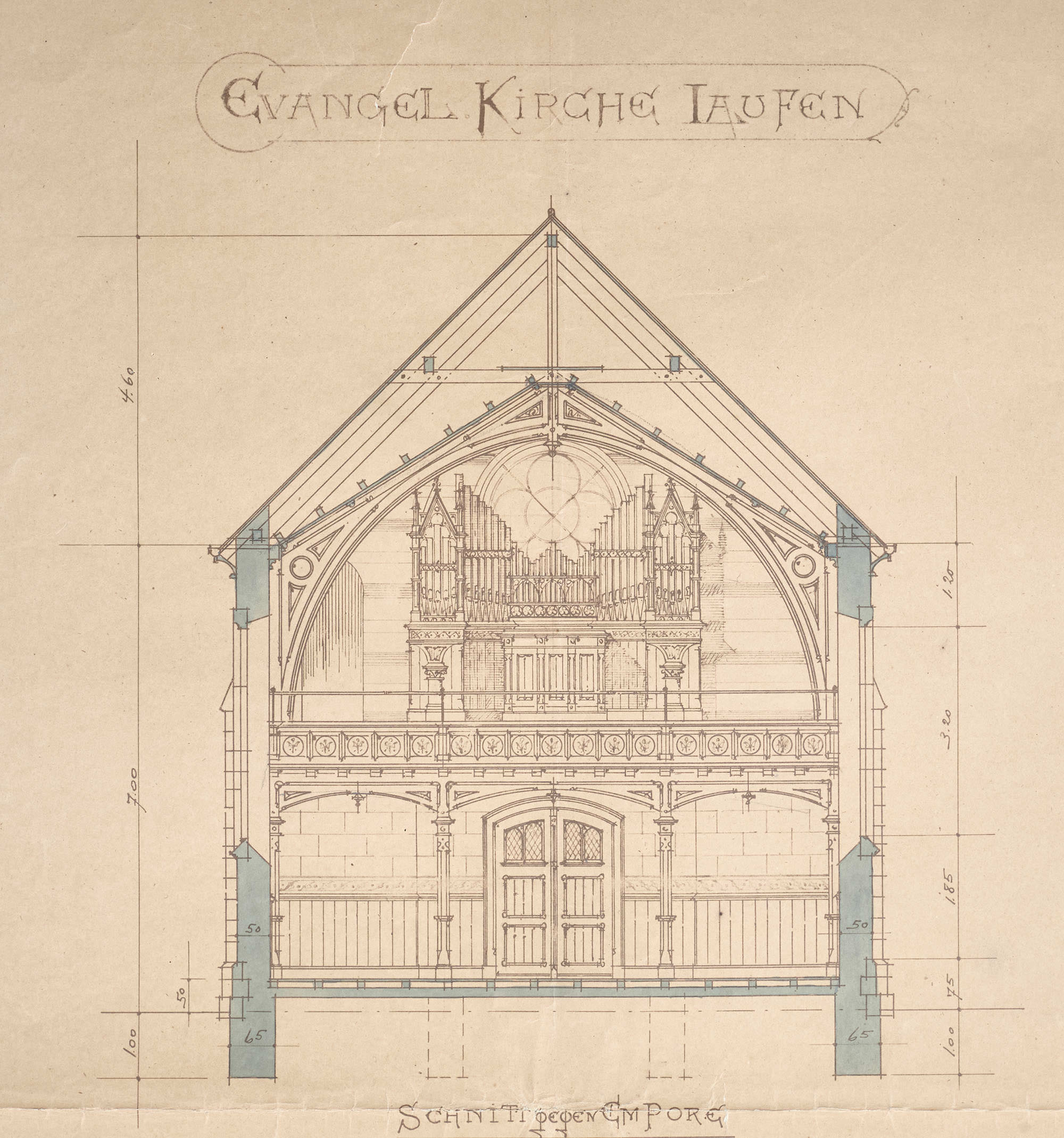Laufen, Evangelisch-reformierte Kirche. Schnitt gegen Osten von Paul Reber